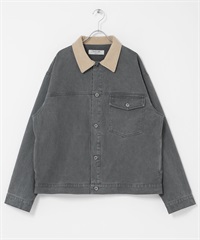 拼接領水洗感斜紋夾克(炭灰色-M-CHARCOAL GRAY)
