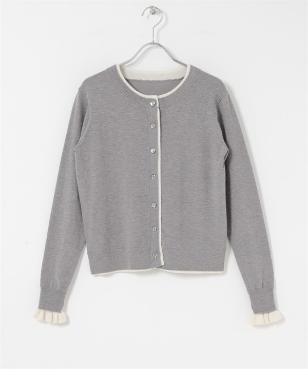 配色荷葉邊針織開襟衫(灰色-FREE-GRAY)