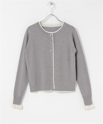 配色荷葉邊針織開襟衫(灰色-FREE-GRAY)