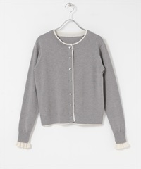 配色荷葉邊針織開襟衫(灰色-FREE-GRAY)