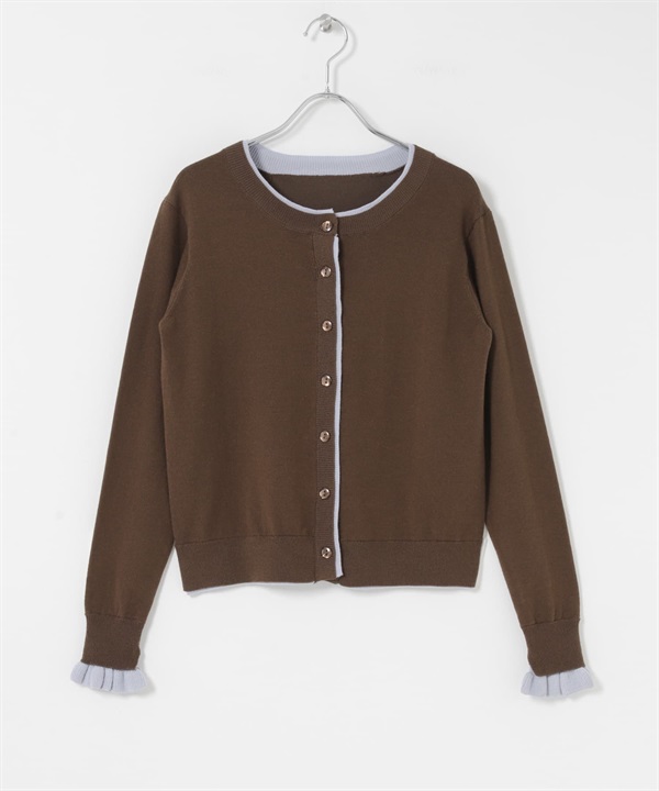 配色荷葉邊針織開襟衫(棕色-FREE-BROWN)