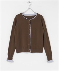 配色荷葉邊針織開襟衫(棕色-FREE-BROWN)