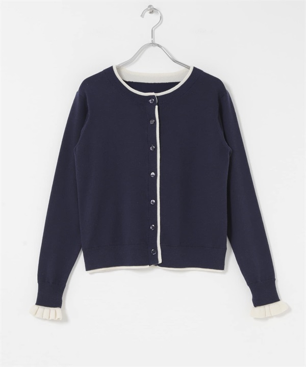 配色荷葉邊針織開襟衫(藏青色-FREE-NAVY)