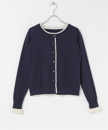 配色荷葉邊針織開襟衫(藏青色-FREE-NAVY)