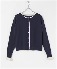 配色荷葉邊針織開襟衫(藏青色-FREE-NAVY)