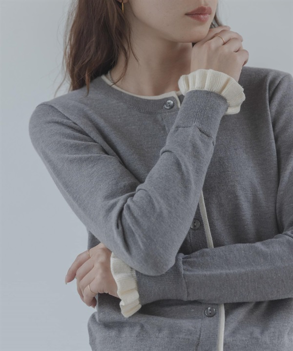 配色荷葉邊針織開襟衫