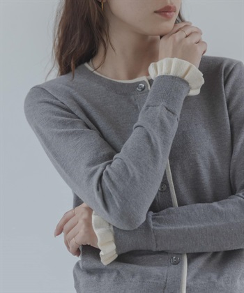 配色荷葉邊針織開襟衫