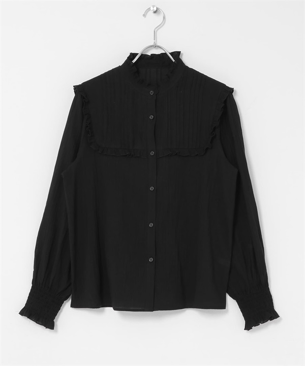 荷葉邊立領細褶襯衫(黑色-FREE-BLACK)