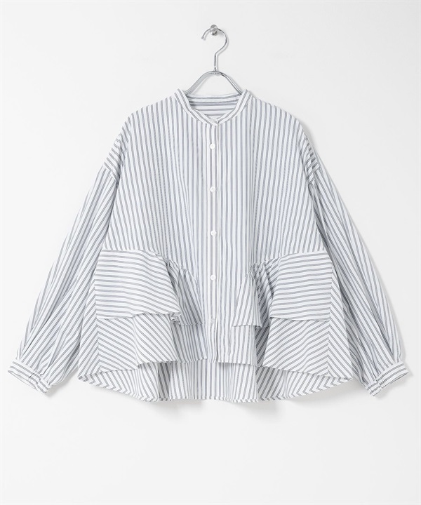 立領荷葉邊直條紋襯衫(白色x藍色-FREE-其他白色)