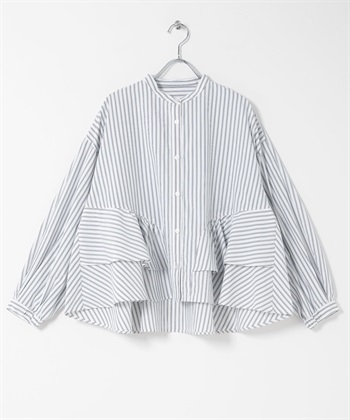 立領荷葉邊直條紋襯衫(白色x藍色-FREE-其他白色)