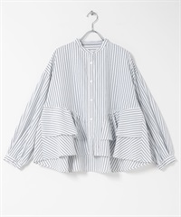 立領荷葉邊直條紋襯衫(白色x藍色-FREE-其他白色)