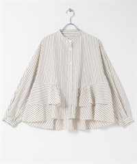 立領荷葉邊直條紋襯衫(白色x棕色-FREE-其他棕色)