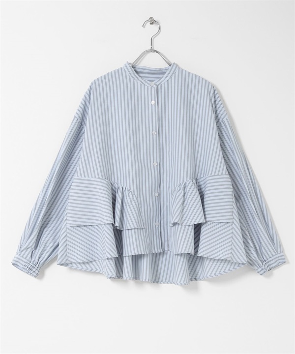 立領荷葉邊直條紋襯衫(藍色x灰色-FREE-其他藍色)