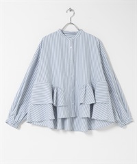 立領荷葉邊直條紋襯衫(藍色x灰色-FREE-其他藍色)