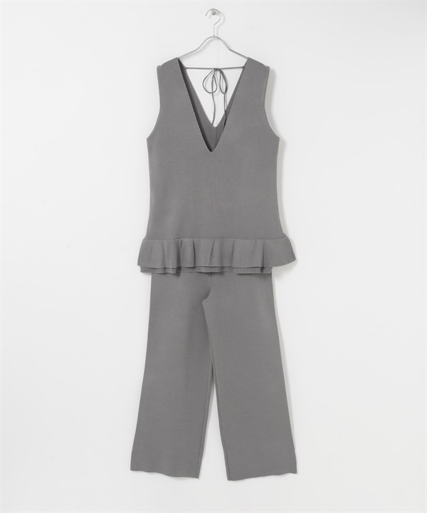 【成套組合】荷葉邊長版針織背心 × 針織褲(灰色-FREE-GRAY)