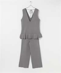 【成套組合】荷葉邊長版針織背心 × 針織褲(灰色-FREE-GRAY)