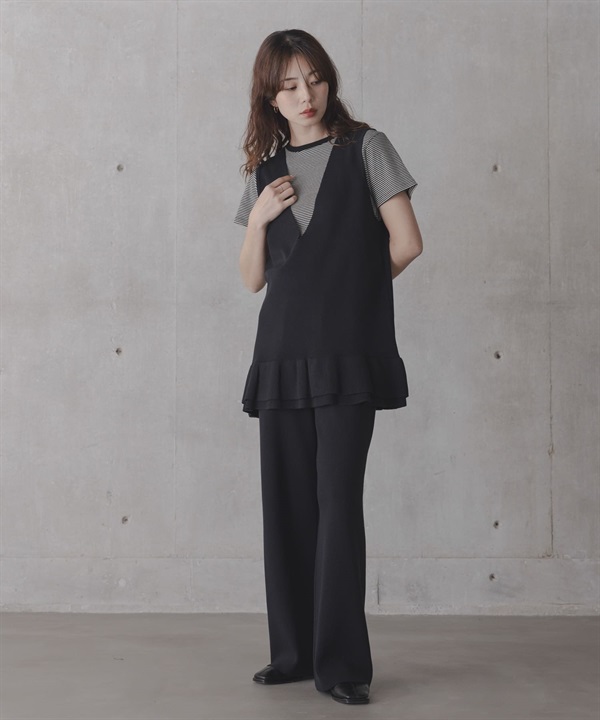 【成套組合】荷葉邊長版針織背心 × 針織褲