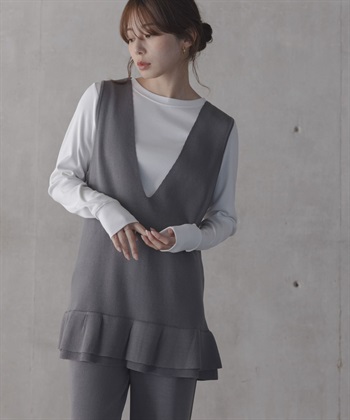 【成套組合】荷葉邊長版針織背心 × 針織褲