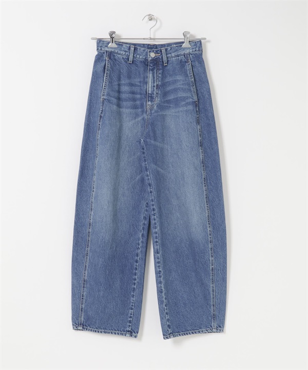 縫線設計樽形牛仔褲(靛青色-34)