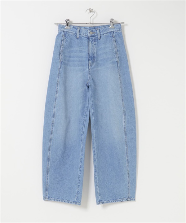 縫線設計樽形牛仔褲(淺藍色-34)