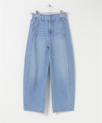 縫線設計樽形牛仔褲(淺藍色-34)