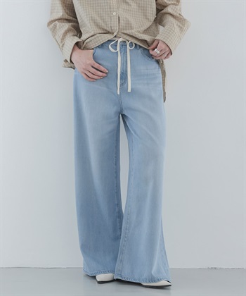 棉質萊賽爾抽繩寬版牛仔褲