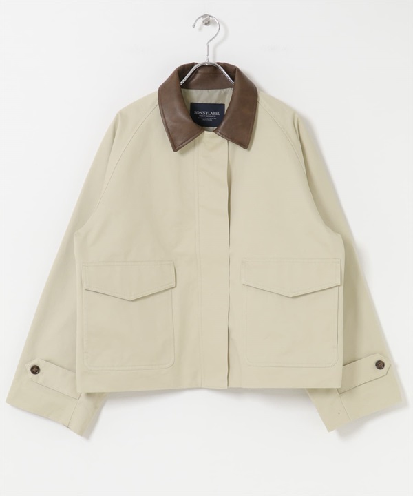 皮革領片拼接短版夾克(亞麻色-FREE-其他白色)