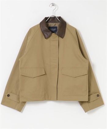 皮革領片拼接短版夾克(膚色-FREE-BEIGE)