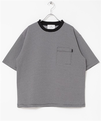 羅馬布口袋短袖T恤(條紋-L-其他黑色)