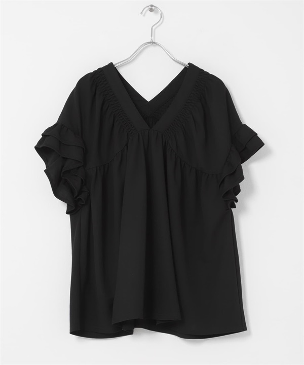抽褶縫荷葉袖套衫(黑色-FREE-BLACK)