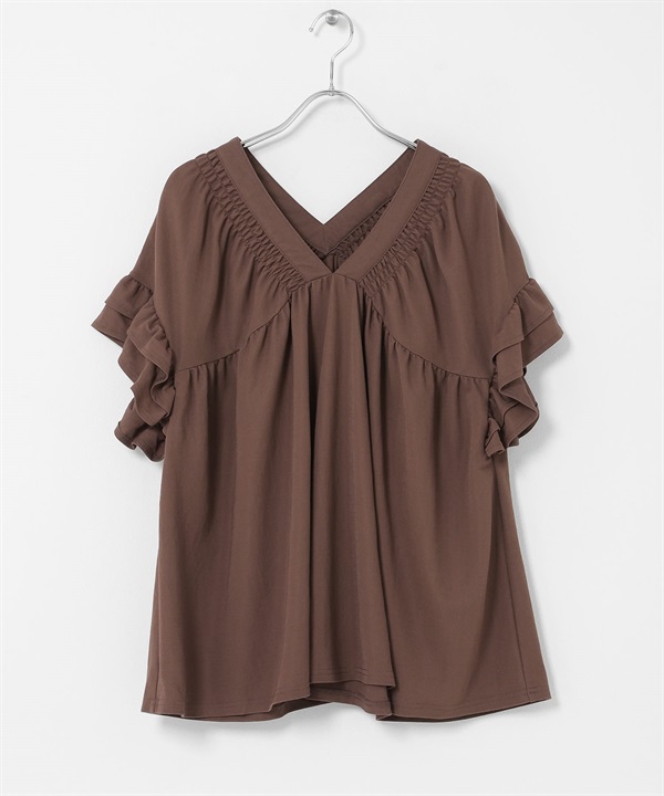 抽褶縫荷葉袖套衫(棕色-FREE-BROWN)