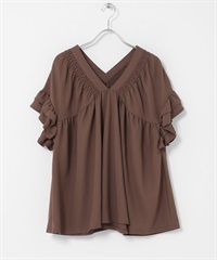 抽褶縫荷葉袖套衫(棕色-FREE-BROWN)