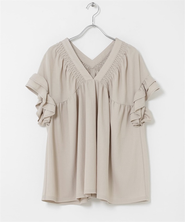 抽褶縫荷葉袖套衫(膚色-FREE-BEIGE)