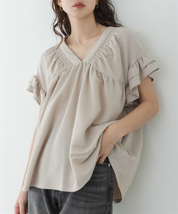 抽褶縫荷葉袖套衫