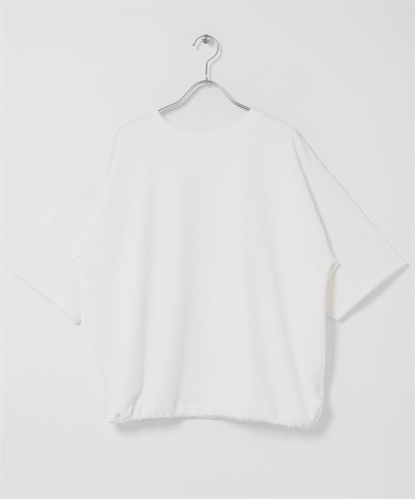 彈性緹花抽繩五分袖套衫(米色-FREE-OFF WHITE)