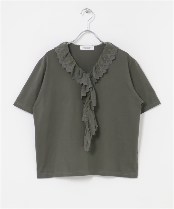 V字荷葉蕾絲領套衫(炭灰色-FREE-CHARCOAL GRAY)