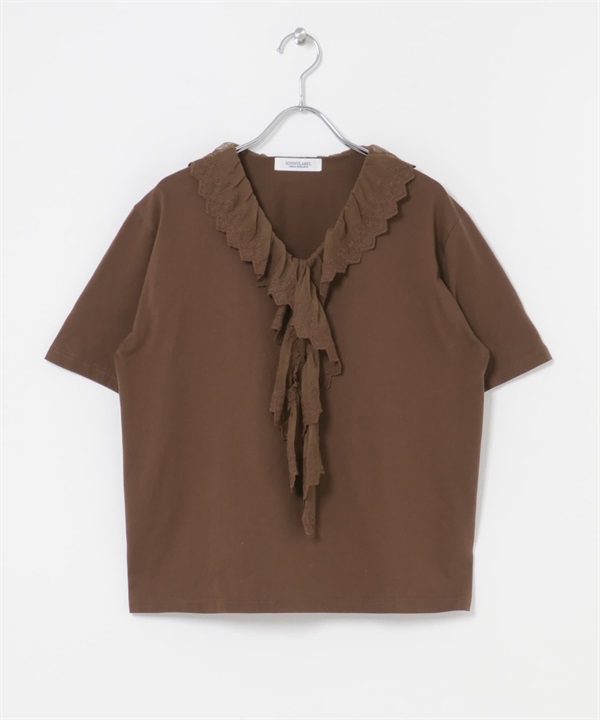 V字荷葉蕾絲領套衫(棕色-FREE-BROWN)