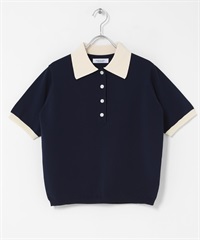 配色領針織POLO衫(藏青色-FREE-NAVY)