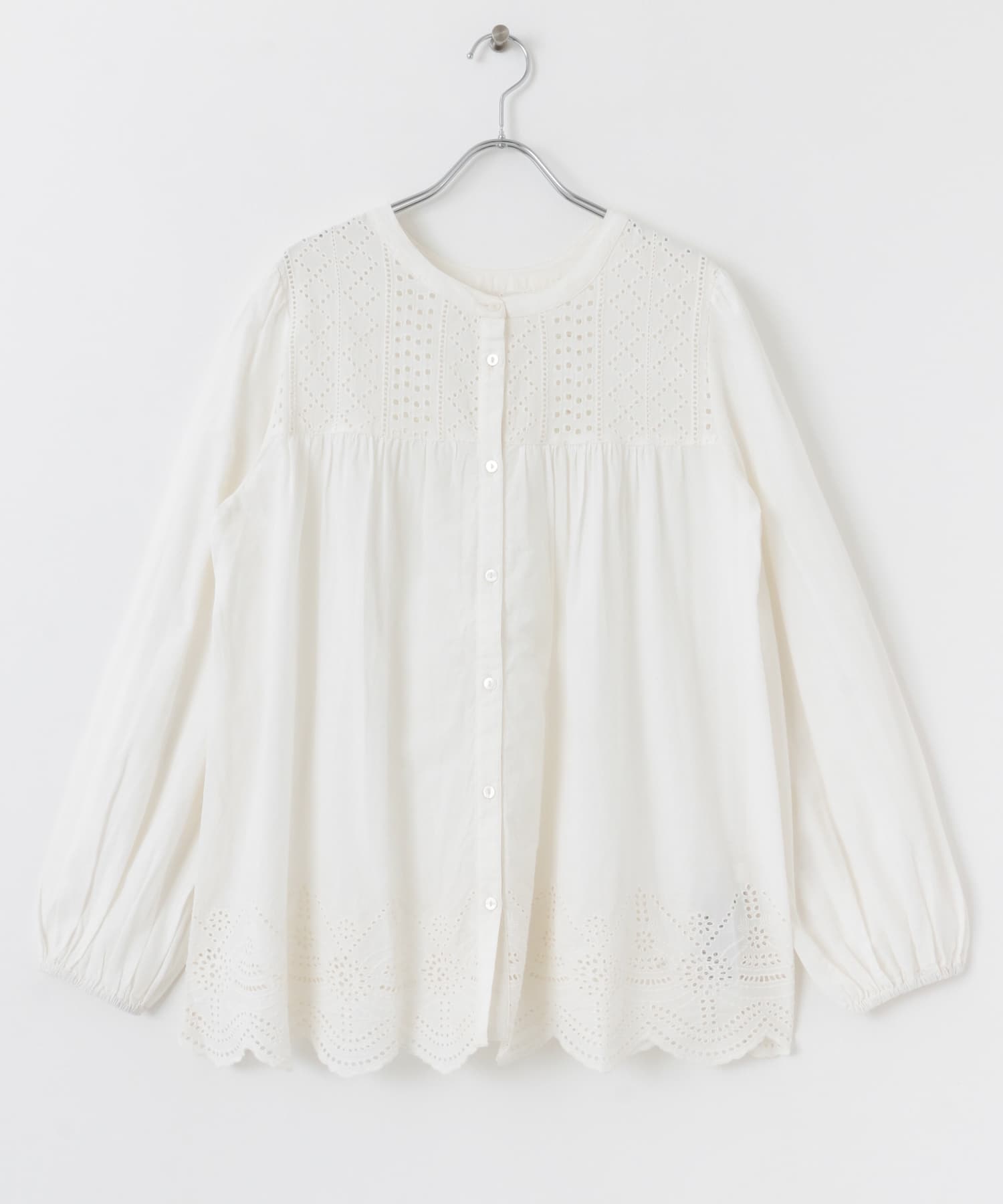 下襬扇貝花邊棉質蕾絲罩衫(米色-FREE-OFF WHITE)