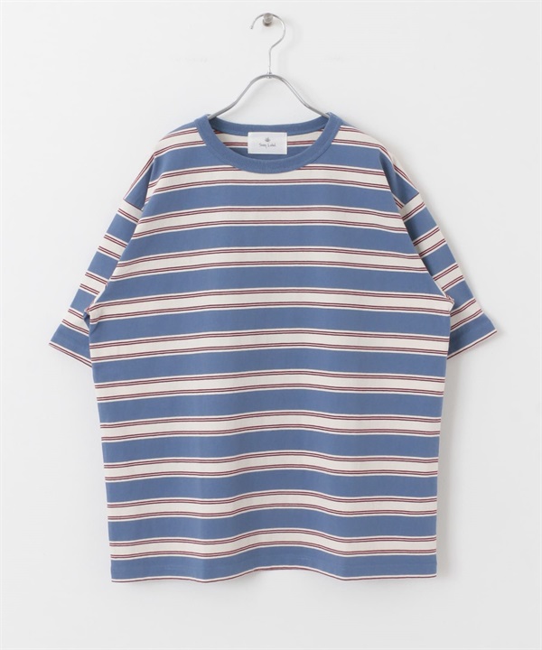 復古橫紋五分袖T恤(藍色系-M-其他藍色)