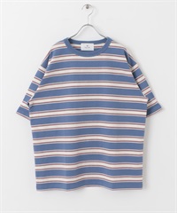 復古橫紋五分袖T恤(藍色系-M-其他藍色)
