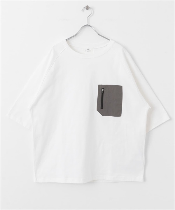 尼龍拼接口袋短袖T恤(白色x灰色-M-其他白色)