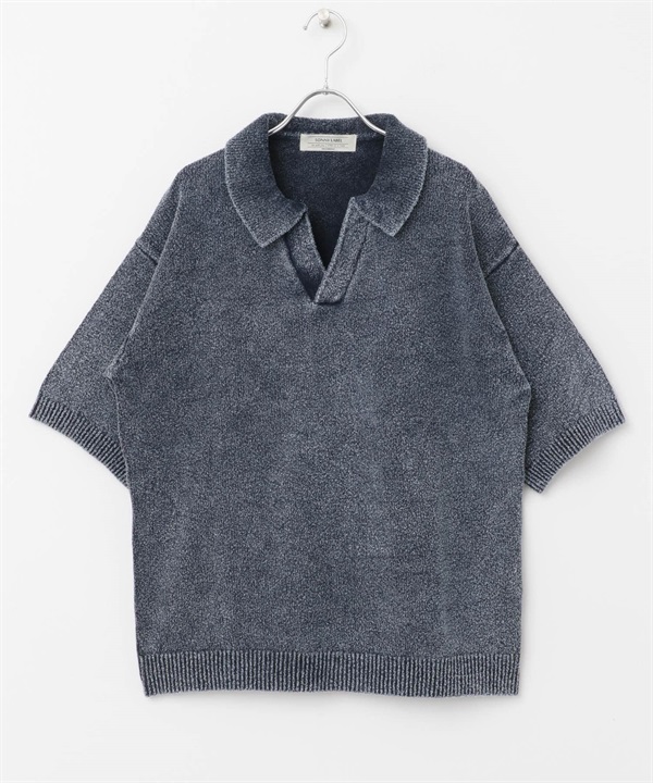 靛染絨毛V字領POLO衫(靛青色-M-INDIGO BLUE)