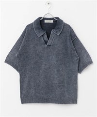 靛染絨毛V字領POLO衫(靛青色-M-INDIGO BLUE)