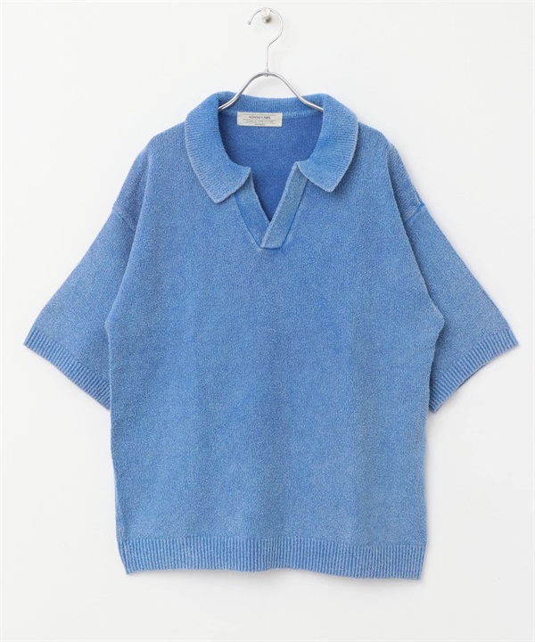 靛染絨毛V字領POLO衫(淺靛青色-M-LIGHT INDIGO BLUE)