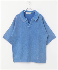 靛染絨毛V字領POLO衫(淺靛青色-M-LIGHT INDIGO BLUE)