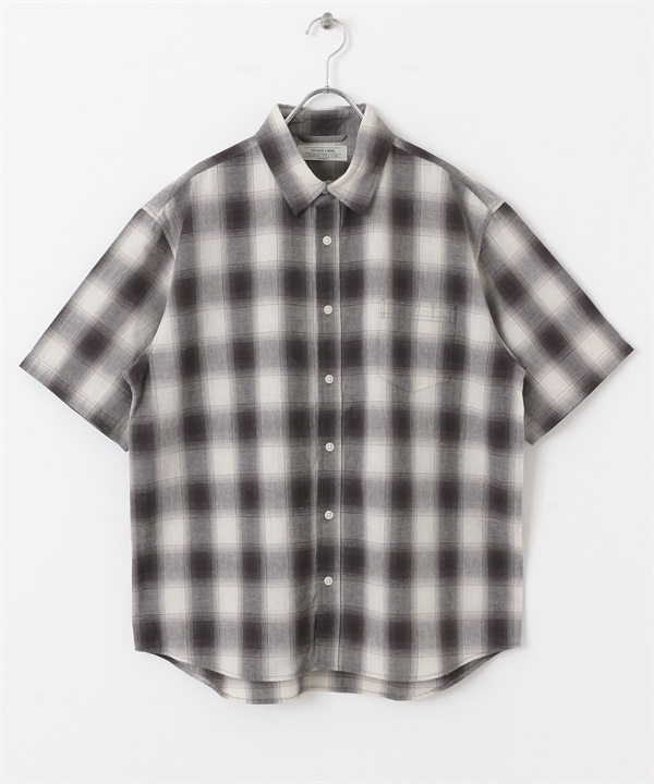 【接觸涼感】混麻料短袖襯衫(黑色格紋-M-其他黑色)