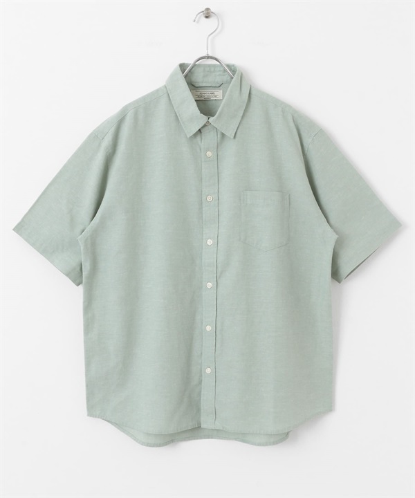 【接觸涼感】混麻料短袖襯衫(綠色-M-GREEN)