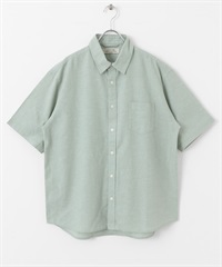 【接觸涼感】混麻料短袖襯衫(綠色-M-GREEN)