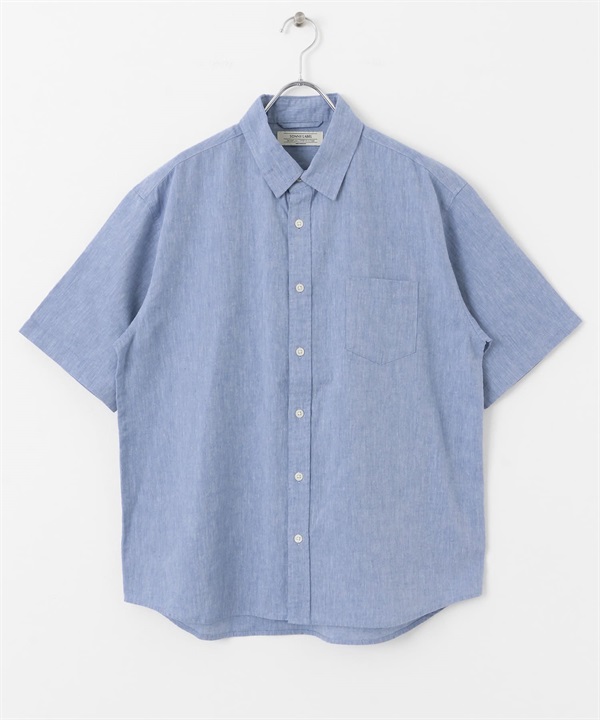 【接觸涼感】混麻料短袖襯衫(藍色-M-BLUE)
